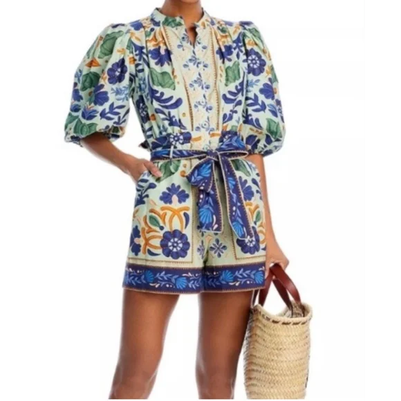 Women's FARM Rio Green Blue Floral Romper XL - Picture 3 of 7